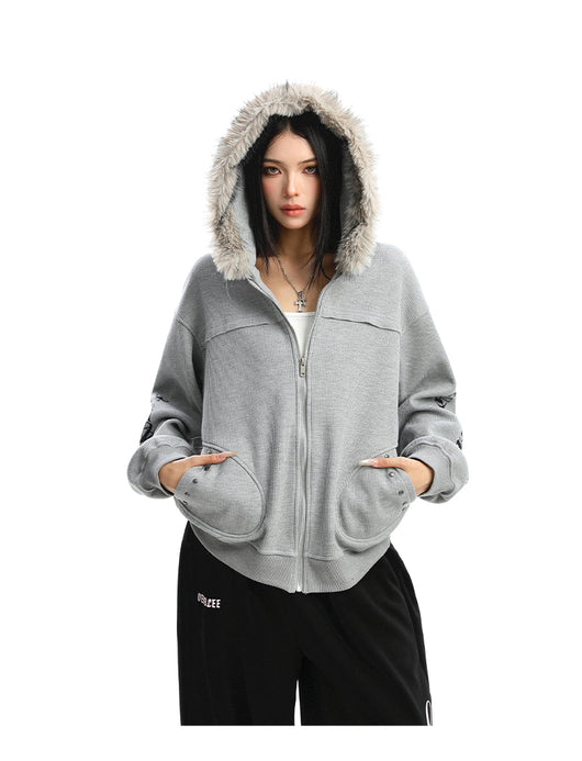 Cardigan Mujer con Cuello de Pelaje Desmontable y Cierre de Cremallera - Image 18