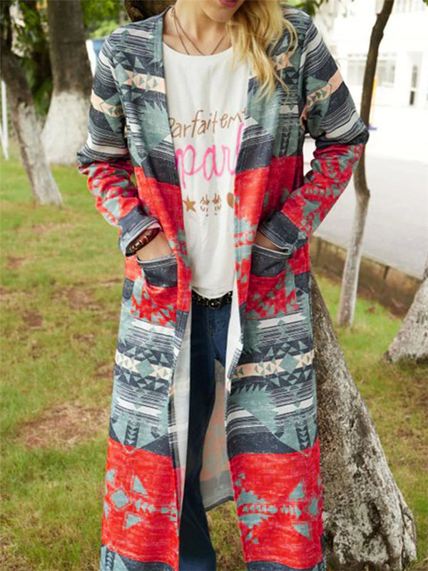 Abrigo Trench Largo Estampado Geométrico Talla Grande Ajustado y Abrigado