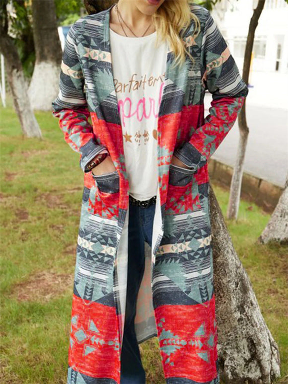 Abrigo Trench Largo Estampado Geométrico Talla Grande Ajustado y Abrigado