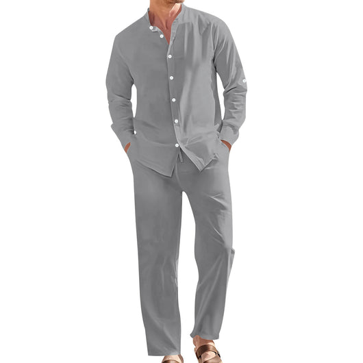 Conjunto de Camisa de Lino con Cuello Mao y Pantalón Holgado para Hombre - Image 6