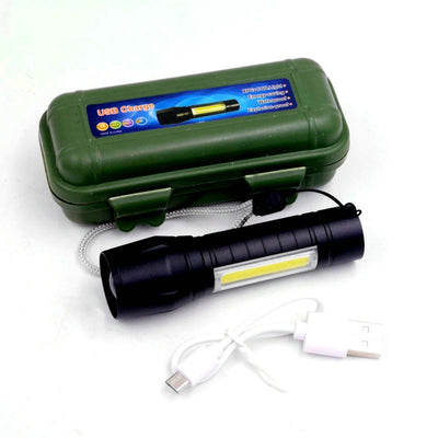 Linterna LED Recargable USB con Zoom y Función COB para Camping