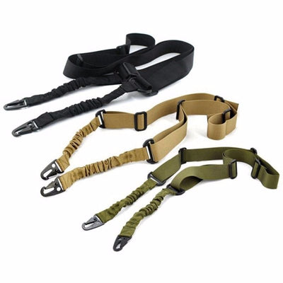 Black crossbody nylon strap with elastic sections, adjustable buckles, and two metal hooks for tension adjustment. - Image 15