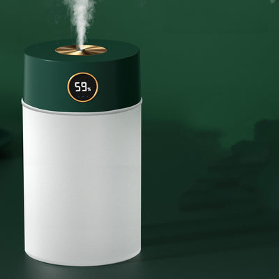 White cylindrical humidifier with a gold nozzle emitting mist, featuring a subtle bear emblem. Includes five aromatherapy oil bottles. - Image 7
