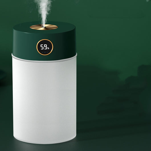 White cylindrical humidifier with a gold nozzle emitting mist, featuring a subtle bear emblem. Includes five aromatherapy oil bottles. - Image 7