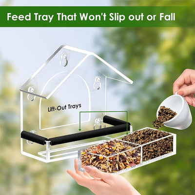 Transparent acrylic window bird feeder with a house-shaped roof and black perch, mounted with suction cups. - Image 3