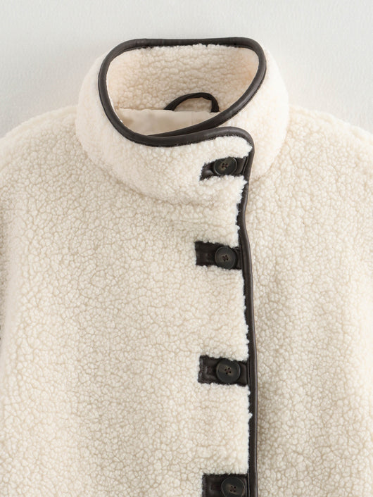 Abrigo Mujer Cuello Alto Contraste Botones Suelto y Cálido Invierno - Image 10