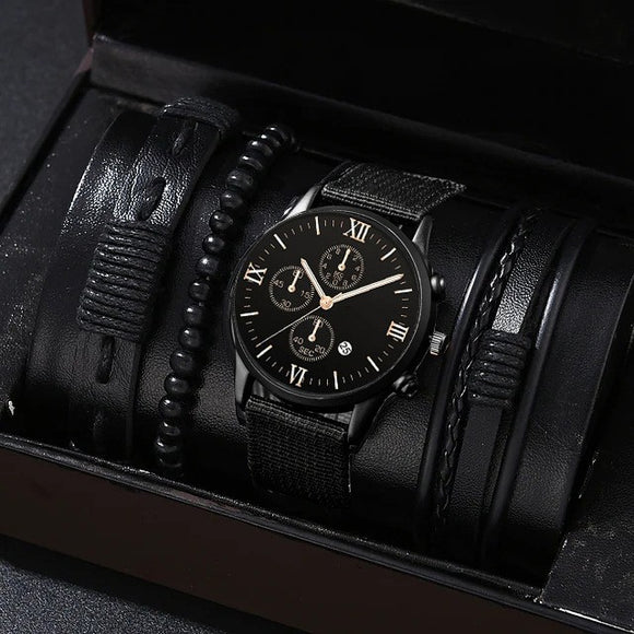Reloj de Lona con Tres Esferas y Pulsera PU - Set Completo