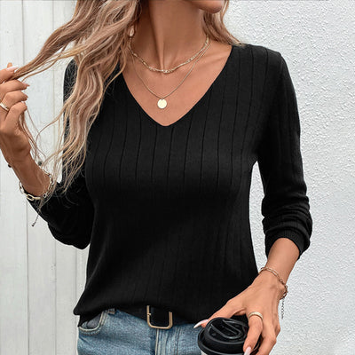 Suéter Negro Mujer Cuello V Rayas Hundidas Estilo Europeo Americano - Image 3