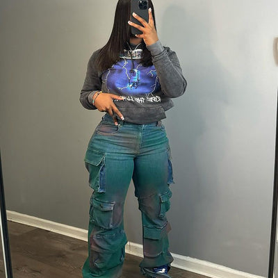 Pantalones Vaqueros Tie-Dye Cintura Alta con Bolsillos Múltiples