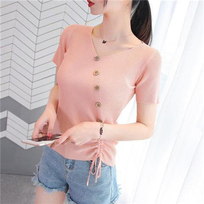 Camiseta Cuello V Ice Silk Manga Corta para Mujer - Image 4