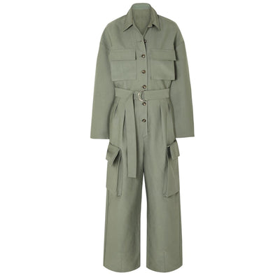 Overol Largo Tipo Camisa con Cintura Ajustada y Piernas Anchas para Mujer - Image 9