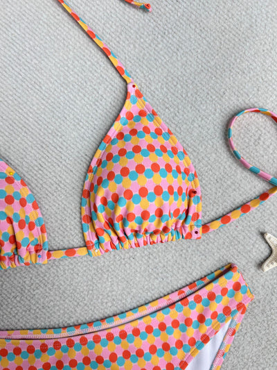 Colorful polka dot triangle-bra bikini swimsuit set with pink, yellow, orange, and blue dots. - Image 12