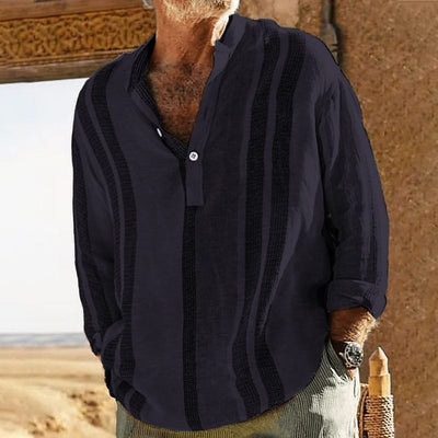 Camisa Casual de Lino Texturizado con Cuello Mao a Rayas para Hombre - Image 12
