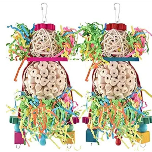 Colorful parrot toy with a woven straw ball, wooden beads, and shredded paper, designed for chewing and entertainment. - Image 4