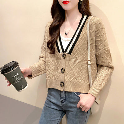 Suéter Cardigan Corto Escote V Tejido Holgado para Mujer - Image 4