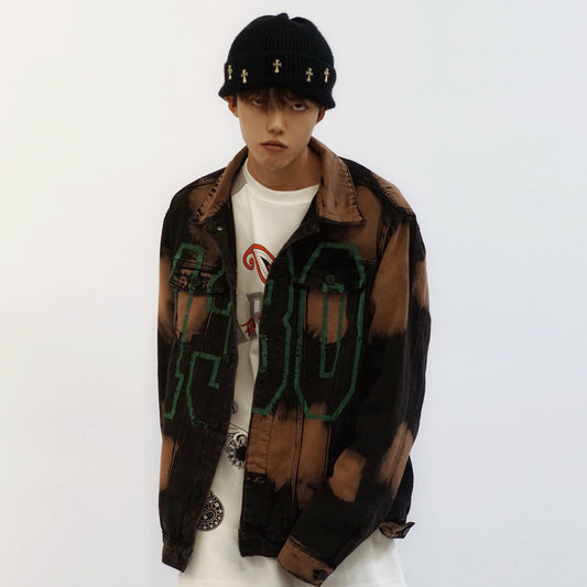 Chaqueta Denim Tie Dye con Estampado de Letras - Diseño Oversize Europeo