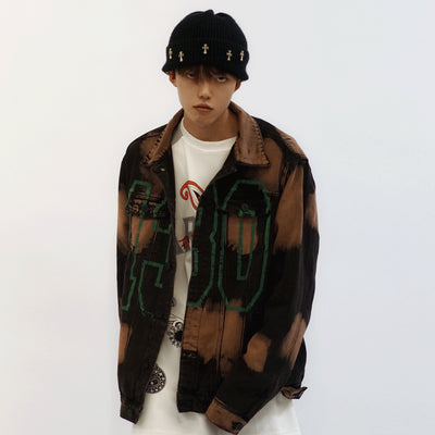 Chaqueta Denim Tie Dye con Estampado de Letras - Diseño Oversize Europeo