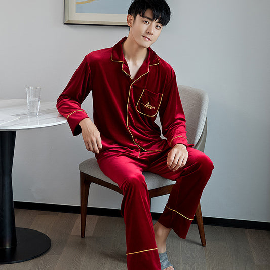 Pijamas para Parejas Terciopelo Rojo Dorado - Manga Larga Otoño Primavera - Image 2