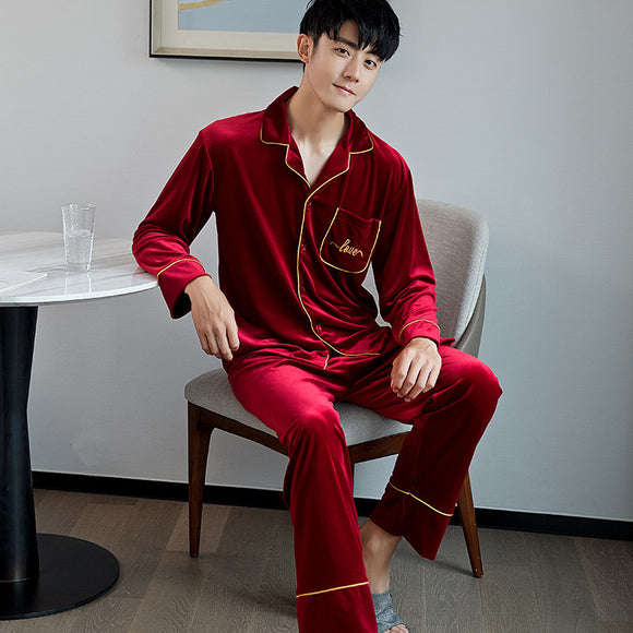 Pijamas para Parejas Terciopelo Rojo Dorado - Manga Larga Otoño Primavera