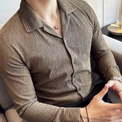 Camisa Manga Larga Cuello Cubano con Pliegues para Hombre