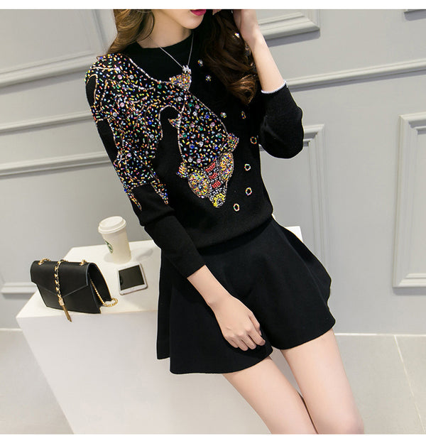 Suéter Tejido a Mano con Bordado de Diamantes - Blusa Dorada para Mujer