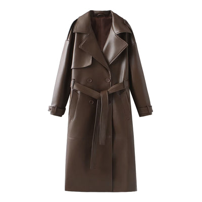 Abrigo de Cuero Extendido Diseño Francés Minimalista - Casual y Versátil - Image 17