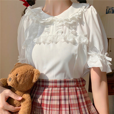 Blusa Soft Girl Cuello Muñeca Manga Corta Dulce - Image 3