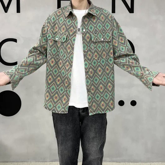 Chaqueta Vaquera Delgada Estampado Flor de Anacardo - Camisa Versátil para Hombre - Image 12