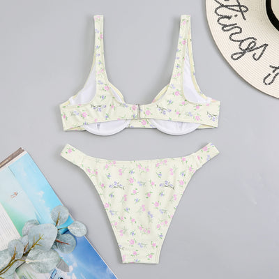 Light blue floral bikini with pink and yellow flowers, featuring an underwire top and high-cut bottom. - Image 12