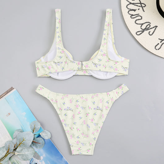 Light blue floral bikini with pink and yellow flowers, featuring an underwire top and high-cut bottom. - Image 12