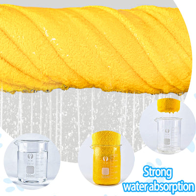 Yellow microfiber pet drying towel with black trim draped over a bathtub, with a golden retriever, poodle, and cat. - Image 4