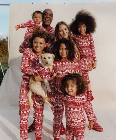 Red and white Christmas print one-piece pajama suit with moose, snowflake, and Christmas tree patterns. - Image 31