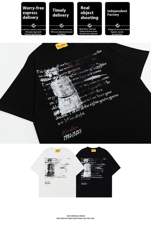 Camiseta Suelta Hip Hop Algodón Puro Estilo Retro Urbano para Hombre - Image 7