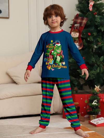 Child's blue long-sleeve Christmas pajamas with a dinosaur graphic and red and green striped pants. - Image 15