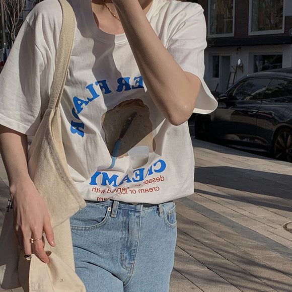 Camiseta Francesa Retro con Estampado de Letras para Mujer