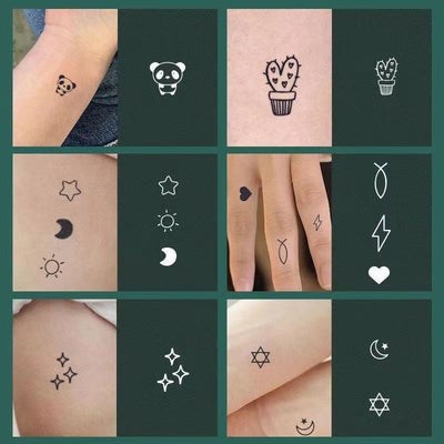 Sheet of 24 black outline doodle temporary tattoo stickers including a bow, heart, crown, sun, stars, and flowers. - Image 37