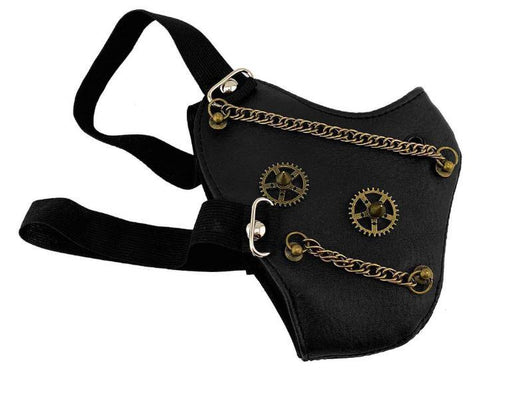 Black leather half-face mask with brass chains, spikes, and gear accents, featuring adjustable elastic straps. - Image 4