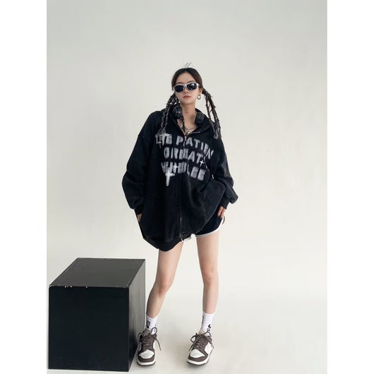 Cardigan Holgado de Felpa con Capucha y Letras - Image 9