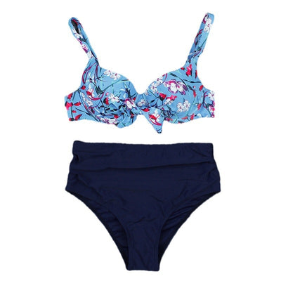 Olive green floral print bikini top with tie-front and solid high-waisted ruched bottoms on a grey background. - Image 5