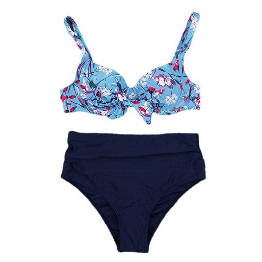 Olive green floral print bikini top with tie-front and solid high-waisted ruched bottoms on a grey background. - Image 5