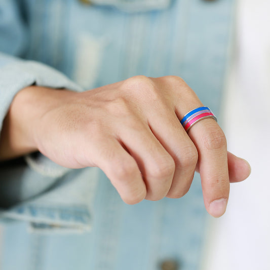 Anillo de Pareja Bandera Bisexual en Acero Titanio - Símbolo de Orgullo
