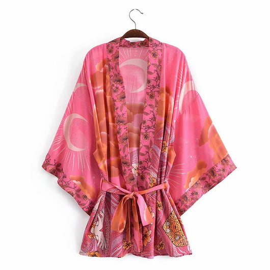 Kimono Cardigan Suelto con Estampado de Luna y Cinturón - Image 9