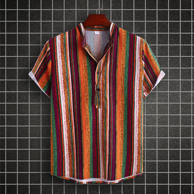 Camisa Étnica de Cuello Mao Rayas Algodón-Lino Manga Corta - Image 7