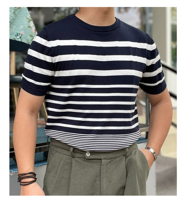 Polo Retro de Rayas Degradadas para Hombre - Camiseta Tejida de Manga Corta