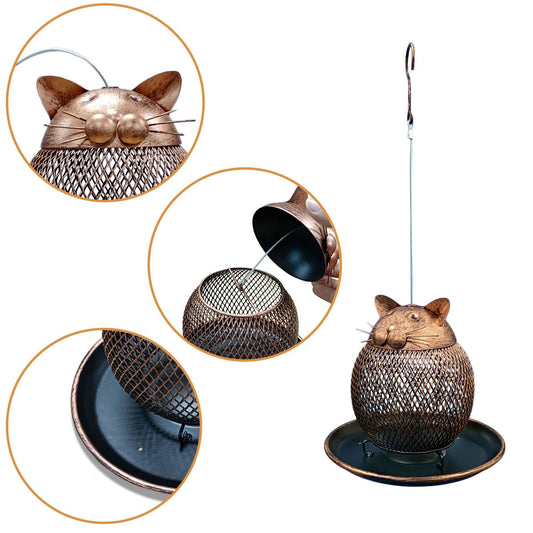 Cat-shaped vintage bronze iron bird feeder with a mesh body and round tray, designed for outdoor garden hanging. - Image 2
