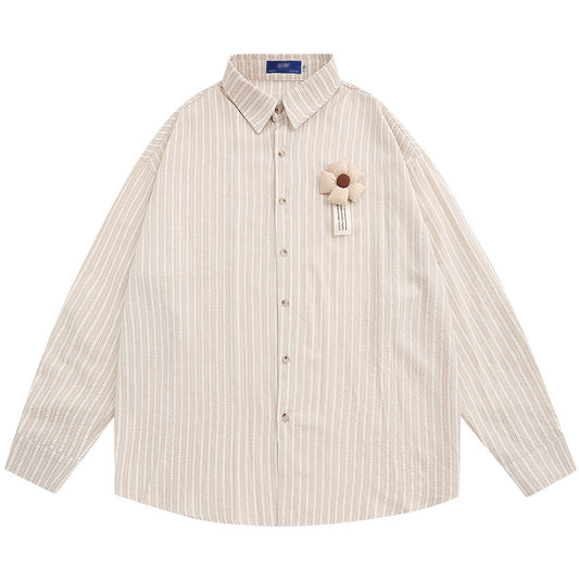 Camisa Hombre Primavera Otoño Flores 3D Rayas Verticales Cuello Solapa Suelta