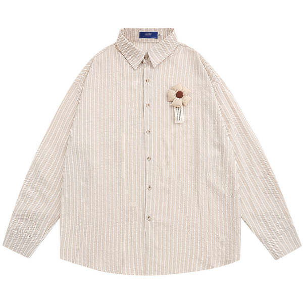 Camisa Hombre Primavera Otoño Flores 3D Rayas Verticales Cuello Solapa Suelta
