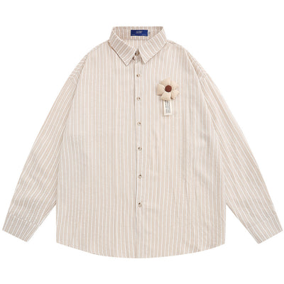 Camisa Hombre Primavera Otoño Flores 3D Rayas Verticales Cuello Solapa Suelta