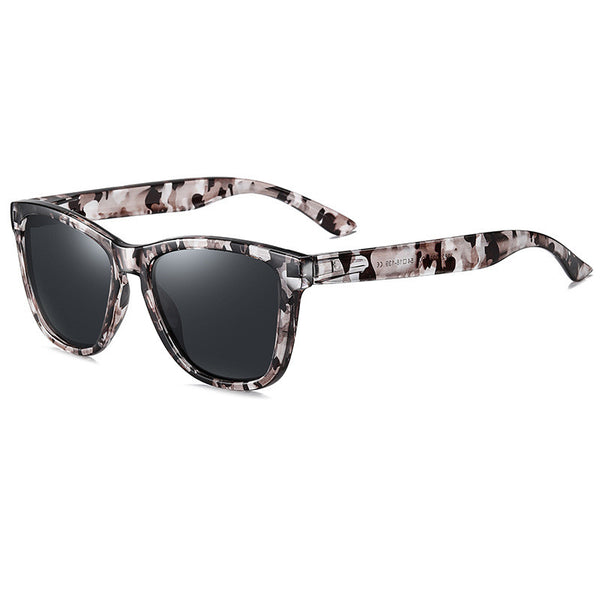 Universal polarized retro square sunglasses with a multi-color camouflage pattern frame and dark lenses.