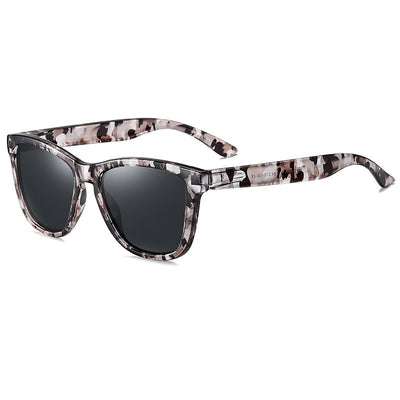 Universal polarized retro square sunglasses with a multi-color camouflage pattern frame and dark lenses.